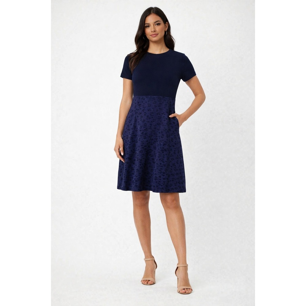 OZBEK Navy Blue Short Sleeve Crew Neck A-Line‎ Midi Formal Dress Size 8